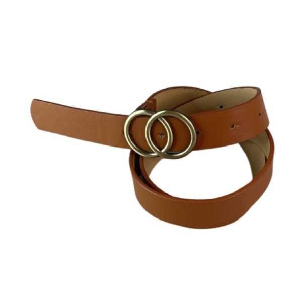 Pseudio Double O Belt Peg And Hole Tan Faux Leather Belt with Brass Buckle OS - Picture 9 of 10
